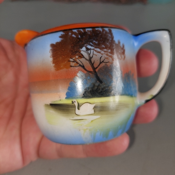 VTG Noritake Lusterware Creamer Swan Lake Tree Orange Black Blue 2.25 inch - Picture 2 of 8